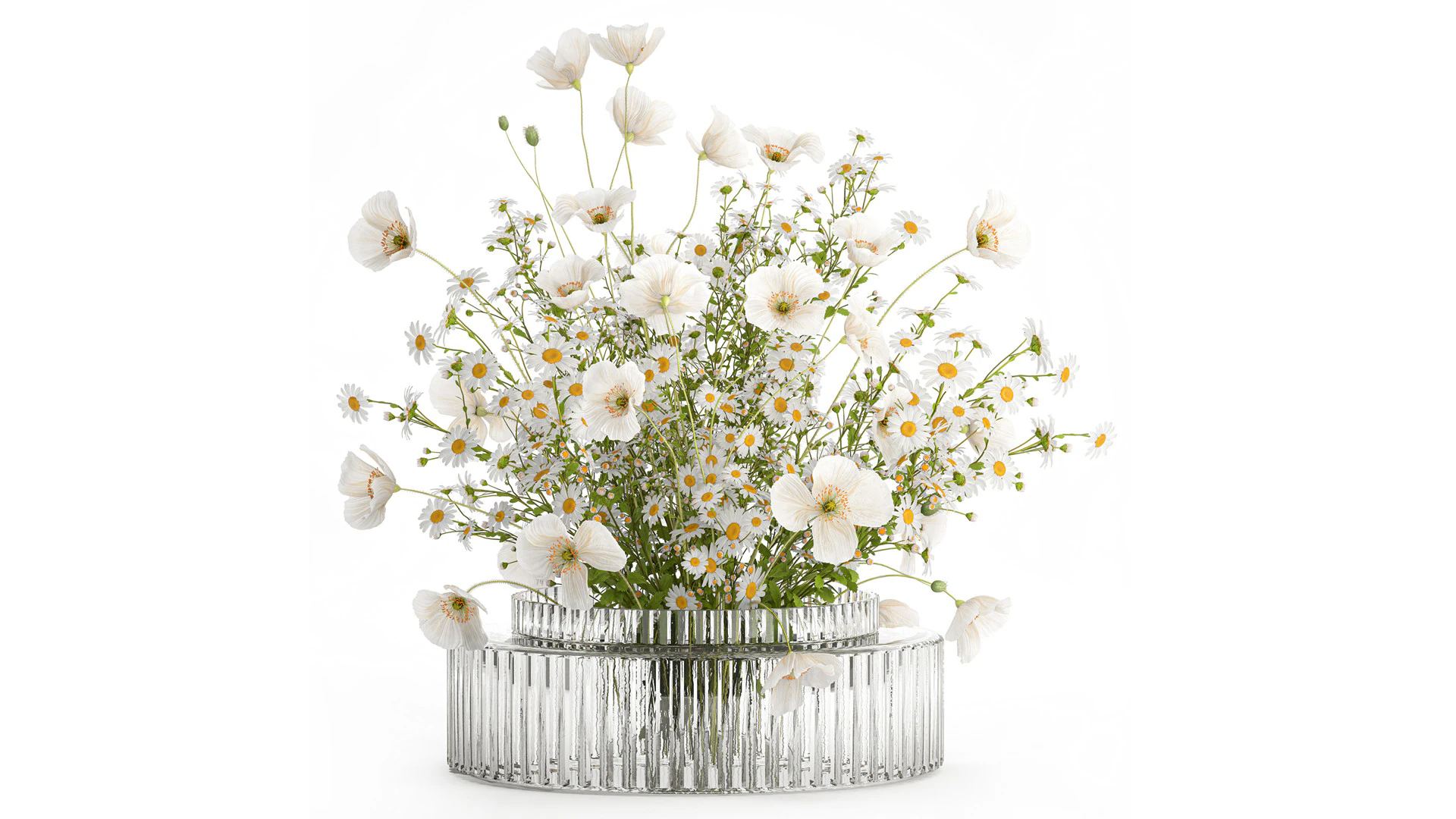 Realistic flower bouquet of white poppy chamomile in glass vase 612 3D Model .c4d .max .obj .3ds .fbx .stl .blend 