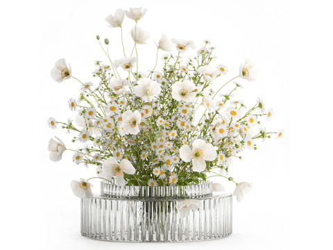 Realistic flower bouquet of white poppy chamomile in glass vase 612 3D 模型