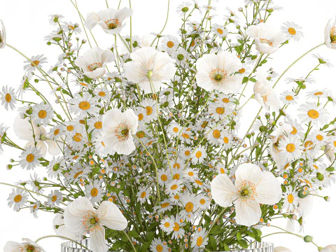 Realistic flower bouquet of white poppy chamomile in glass vase 612 3D Model