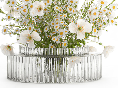 Realistic flower bouquet of white poppy chamomile in glass vase 612 3D 模型