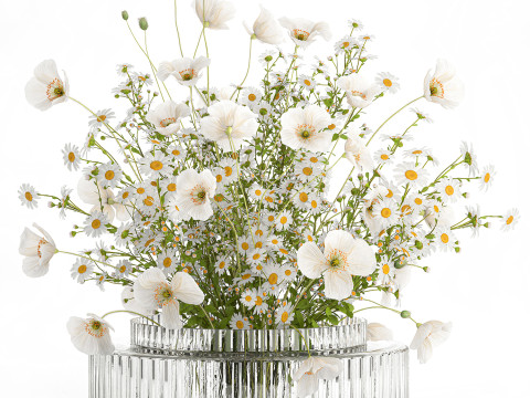 Realistic flower bouquet of white poppy chamomile in glass vase 612 3D 模型