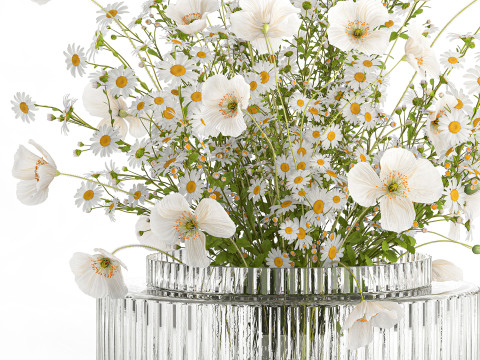 Realistic flower bouquet of white poppy chamomile in glass vase 612 3D 模型