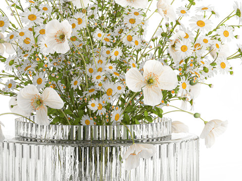 Realistic flower bouquet of white poppy chamomile in glass vase 612 3D 模型