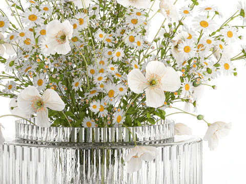 Realistic flower bouquet of white poppy chamomile in glass vase 612 3D Model