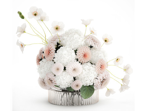 Realistic White Bouquet Chrysanthemum Poppy hydrangea 622 3D Model
