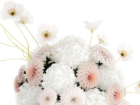 Realistic White Bouquet Chrysanthemum Poppy hydrangea 622 3D Модель