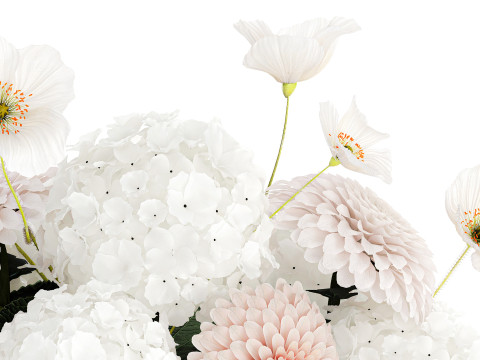 Realistic White Bouquet Chrysanthemum Poppy hydrangea 622 3D Модель