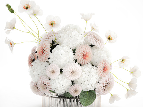 Realistic White Bouquet Chrysanthemum Poppy hydrangea 622 3D Модель