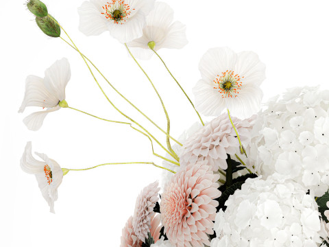 Realistic White Bouquet Chrysanthemum Poppy hydrangea 622 3D Модель