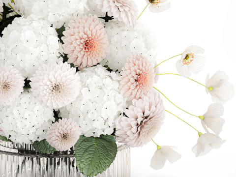 Realistic White Bouquet Chrysanthemum Poppy hydrangea 622 3D Модель