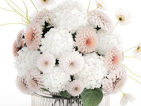 Realistic White Bouquet Chrysanthemum Poppy hydrangea 622 3D Модель