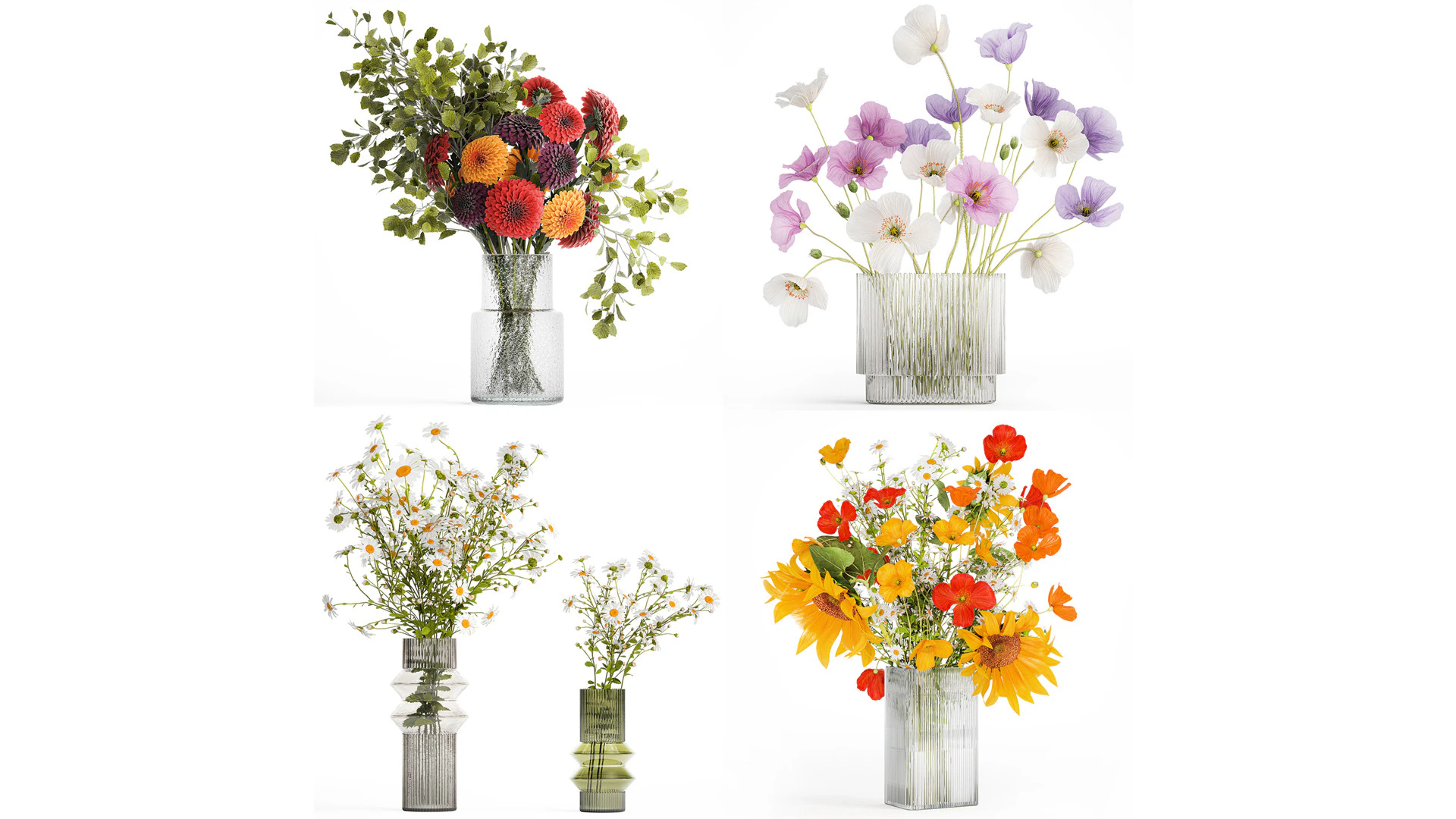 Realistic Bouquets Chamomile Chrysanthemum Poppy set 623 3D Model .c4d .max .obj .3ds .fbx .stl .blend 