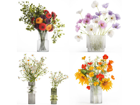 Realistic Bouquets Chamomile Chrysanthemum Poppy set 623 Modelo 3D