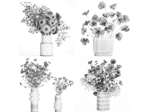 Realistic Bouquets Chamomile Chrysanthemum Poppy set 623 3D Model