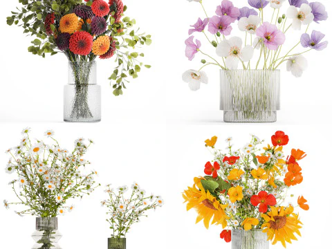 Realistic Bouquets Chamomile Chrysanthemum Poppy set 623 3D Model
