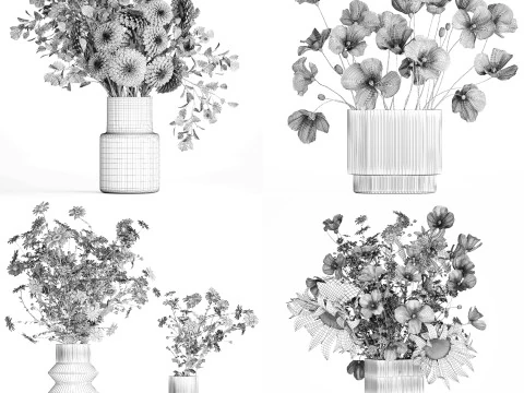 Realistic Bouquets Chamomile Chrysanthemum Poppy set 623 3D Model