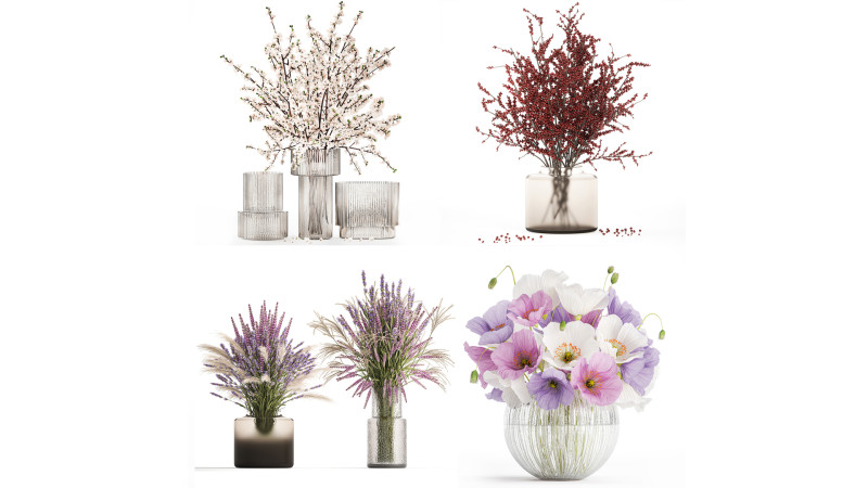 Realistic Bouquets Ilex Lavender Sakura Poppy vase Set 624 3D Modell .c4d .max .obj .3ds .fbx .stl .blend