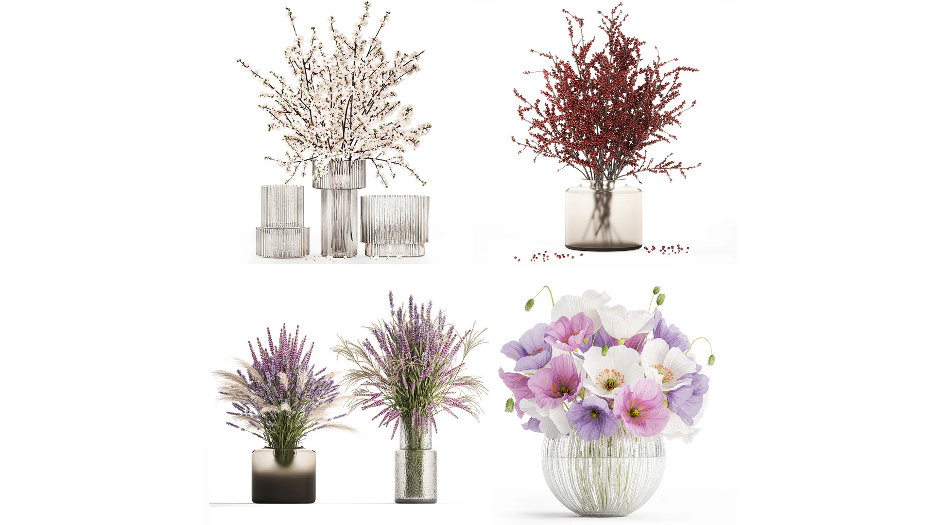 Realistic Bouquets Ilex Lavender Sakura Poppy vase Set 624 3D Model .c4d .max .obj .3ds .fbx .stl .blend 