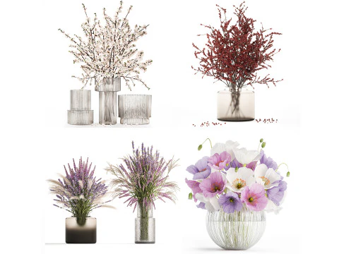 현실적인 부케 감나무 라벤더 사쿠라 양귀비 꽃병 세트 624 3D 모델