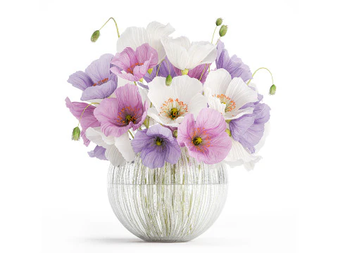 Realistic Bouquets Ilex Lavender Sakura Poppy vase Set 624 3D Model