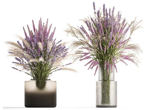 Realistic Bouquets Ilex Lavender Sakura Poppy vase Set 624 3D Model