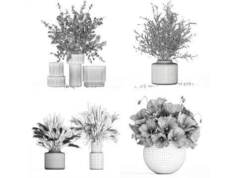 Realistic Bouquets Ilex Lavender Sakura Poppy vase Set 624 3D Modell