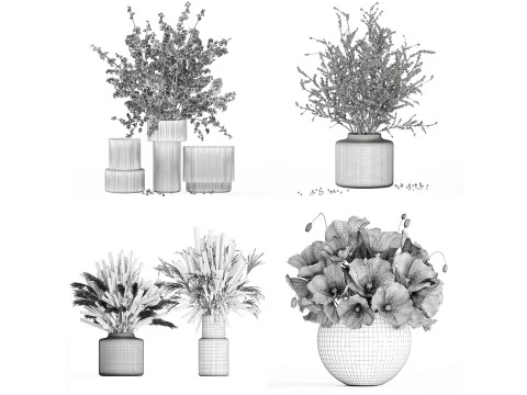 Realistic Bouquets Ilex Lavender Sakura Poppy vase Set 624 3D Model