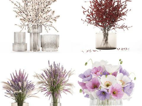 Realistic Bouquets Ilex Lavender Sakura Poppy vase Set 624 3D Model