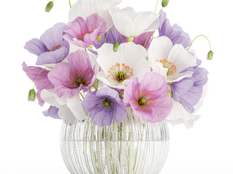 Realistic Bouquets Ilex Lavender Sakura Poppy vase Set 624 3D Model