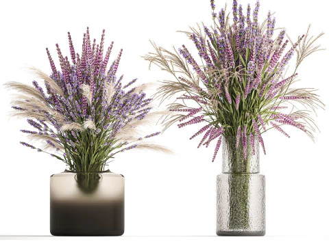 Realistic Bouquets Ilex Lavender Sakura Poppy vase Set 624 3D Model