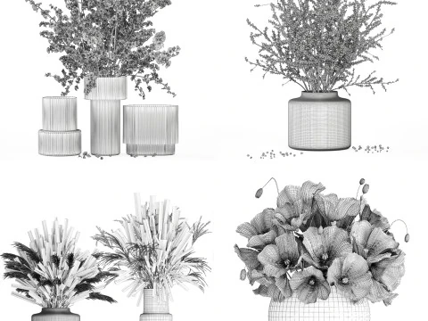 Realistic Bouquets Ilex Lavender Sakura Poppy vase Set 624 3D Model