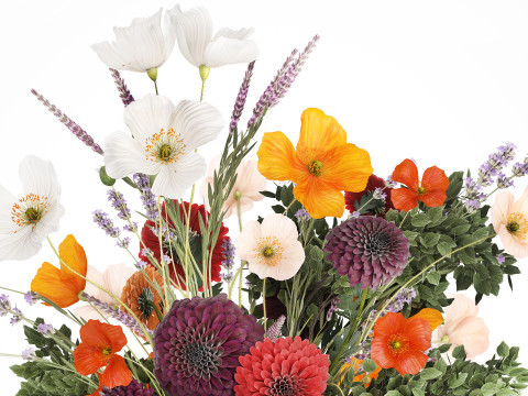 Realistic bouquet flowers poppy lavender branches vase 630 Model 3D