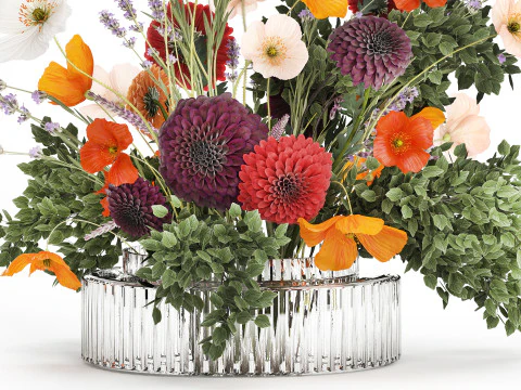 Buqu&ecirc; realista de flores, papoula, ramos de lavanda, vaso 630 Modelo 3D