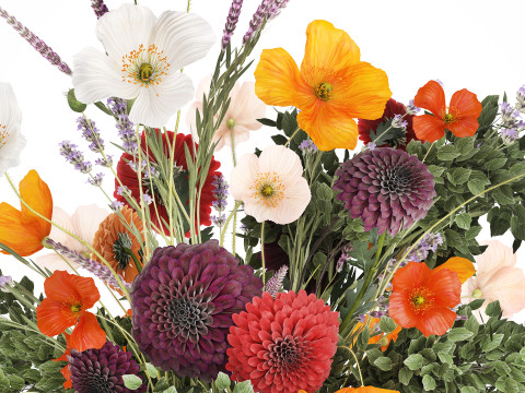 Realistic bouquet flowers poppy lavender branches vase 630 Model 3D