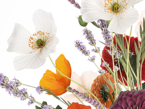 Realistic bouquet flowers poppy lavender branches vase 630 Model 3D