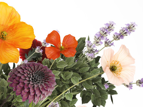 Realistic bouquet flowers poppy lavender branches vase 630 Model 3D