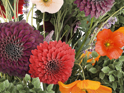 Realistic bouquet flowers poppy lavender branches vase 630 Model 3D