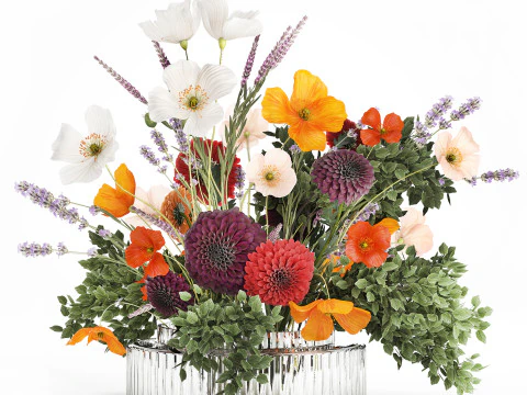 Buqu&ecirc; realista de flores, papoula, ramos de lavanda, vaso 630 Modelo 3D