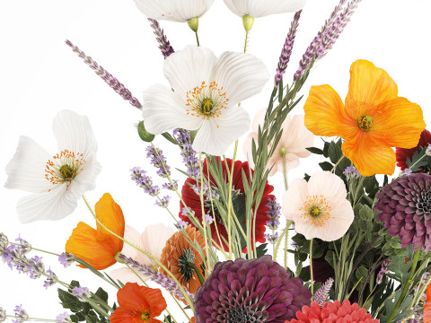Realistic bouquet flowers poppy lavender branches vase 630 Model 3D