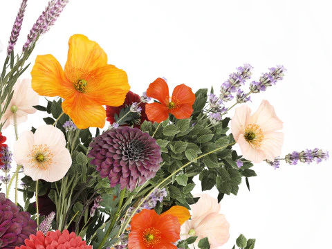 Buqu&ecirc; realista de flores, papoula, ramos de lavanda, vaso 630 Modelo 3D