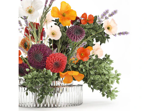 Buqu&ecirc; realista de flores, papoula, ramos de lavanda, vaso 630 Modelo 3D