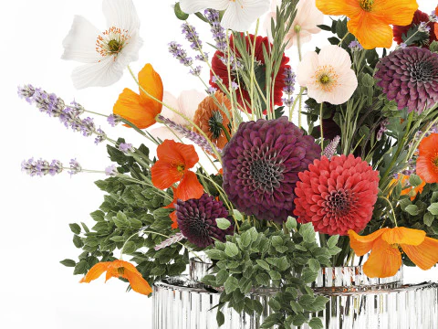 Buqu&ecirc; realista de flores, papoula, ramos de lavanda, vaso 630 Modelo 3D