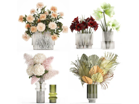 Impostare bouquet realistici fiori ortensia peonia vaso lilla Modello 3D