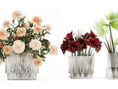 Set Realistic Bouquets Flowers Hydrangea Peony lilac vase Modello 3D