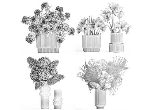 Set Realistic Bouquets Flowers Hydrangea Peony lilac vase Modello 3D