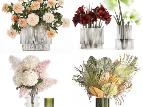 Set Realistic Bouquets Flowers Hydrangea Peony lilac vase Modello 3D