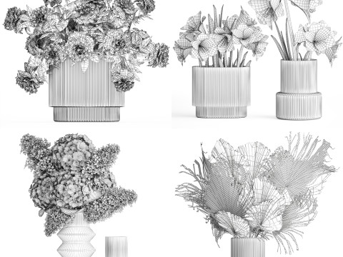 Set Realistic Bouquets Flowers Hydrangea Peony lilac vase Modello 3D