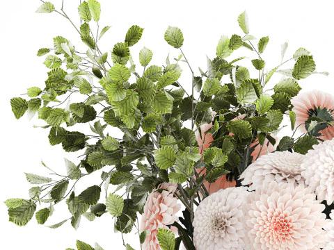 Bouquet Flowers Branches Leaves Chrysanthemum 633 3D Model