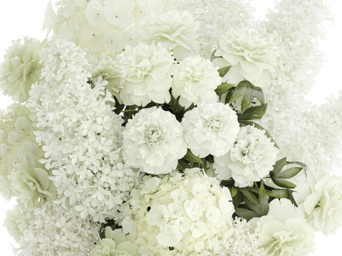 Realistic Bouquet White Flowers Lilac Hydrangea peony vase glass 3D Model