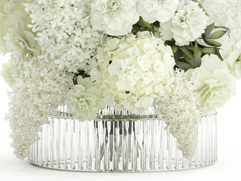 Realistic Bouquet White Flowers Lilac Hydrangea peony vase glass 3D Model